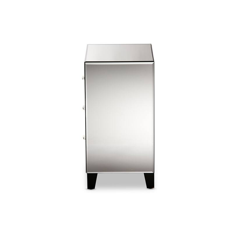 Mirrored Nightstand with Drawers, 3 Drawer Bedside Table, Silver Chevron Accent, Modern Bedroom Furniture