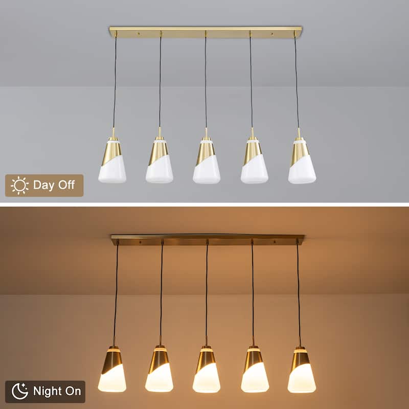 5-Light Gold Pendant Light with White Opal Glass Cone Shades - W 45.43-in