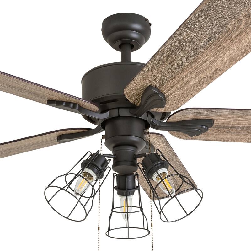 The Gray Barn Hodeken Farmhouse 52-inch Aged Bronze LED Ceiling Fan in Cage Industrial 3-light