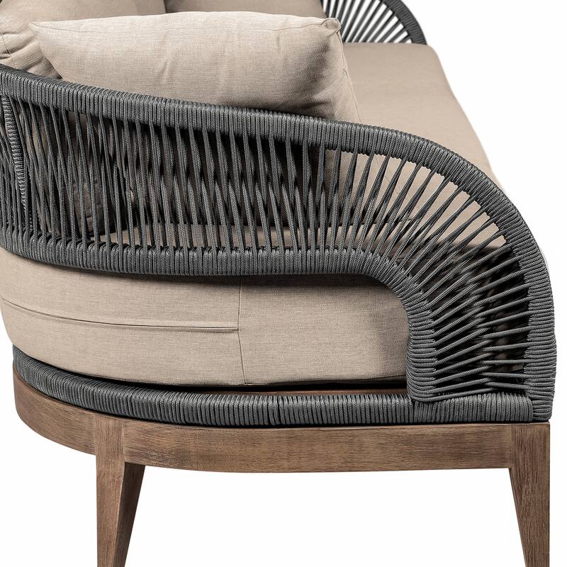 Orbit Outdoor Patio Sofa in Weathered Eucalyptus Wood with Gray Rope and Taupe Olefin Cushions