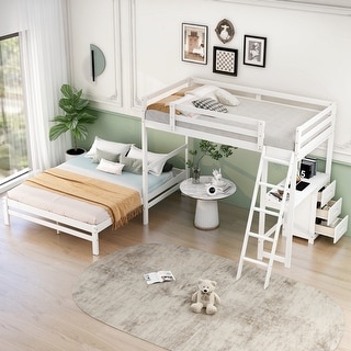 White L-shaped Twin over Full with 3 Drawers Desk Convertible to 2 Bed