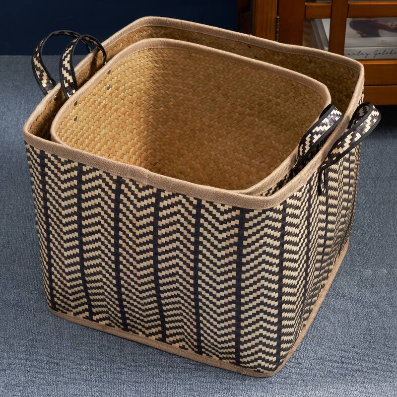Isidore Square Palm Leaf Woven Wicker Storage Basket with Handles Set of 2