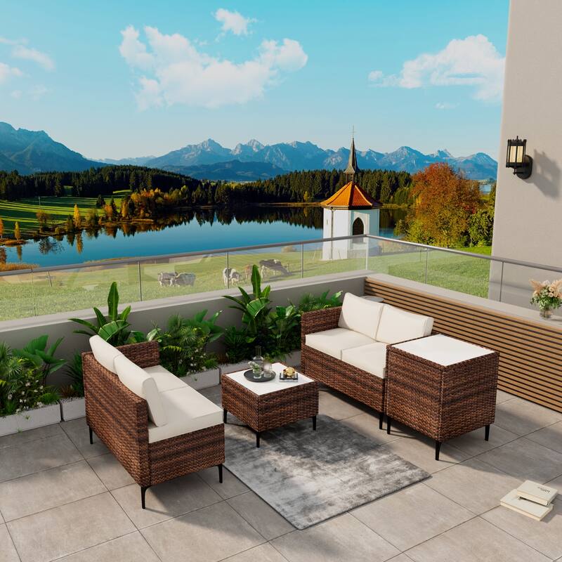 4-Piece Rattan Patio Set – Modular Sectional with Storage Box & Glass Table, Weather-Resistant for Outdoor Lounge,