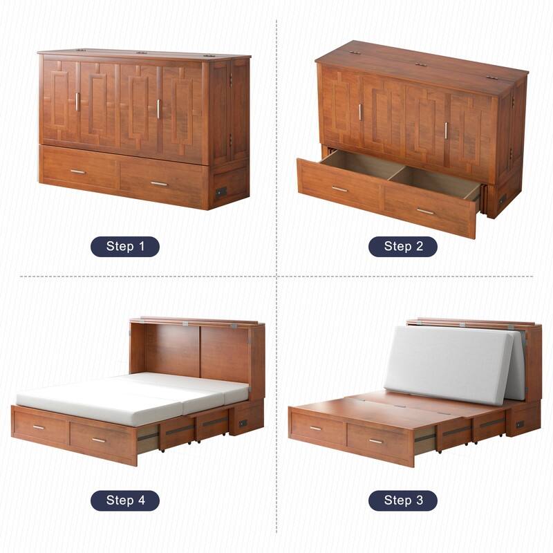 Mixoy Modern Murphy Bed Chest with Mattress,Storage Drawer,Charging Station