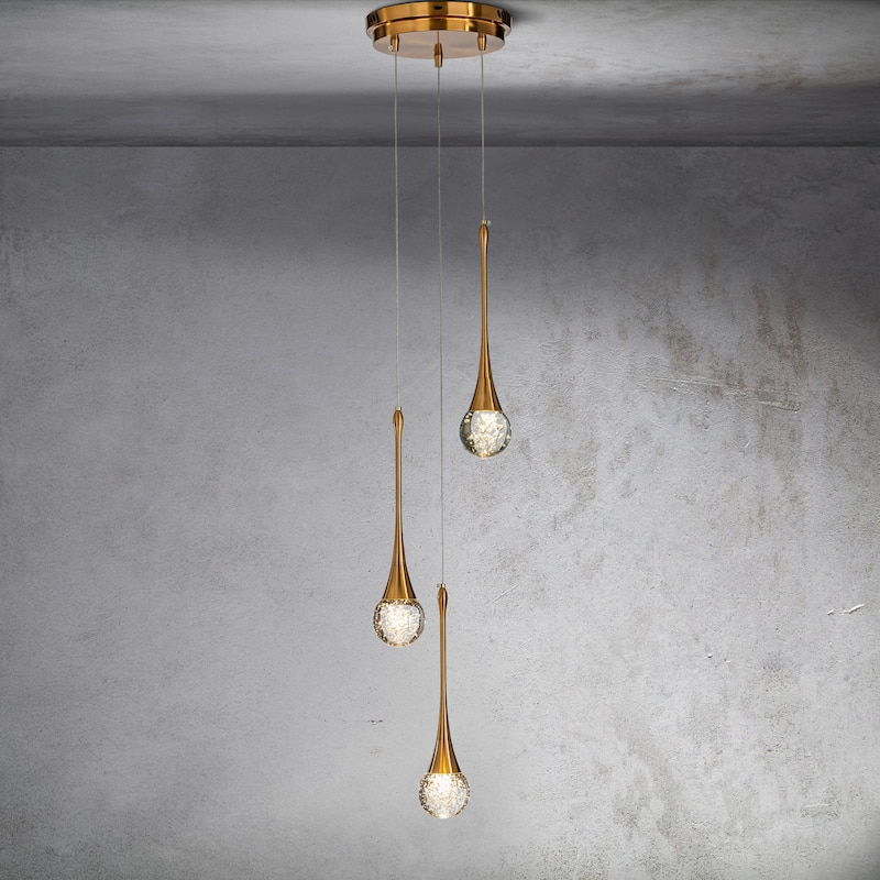 CraftHome Modern 3/8-Light Seeded Glass Cluster Integrated LED Pendant In Antique Gold Round Ceiling Lamp