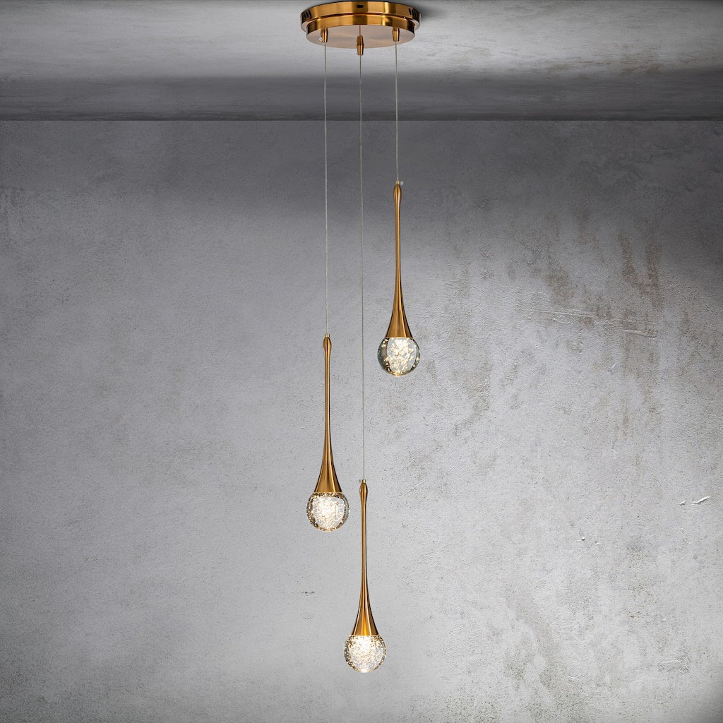 CraftHome Modern 3/8-Light Seeded Glass Cluster Integrated LED Pendant In Antique Gold Round Ceiling Lamp