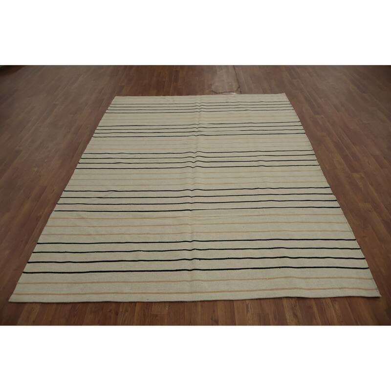 Hand Woven Oriental 100% Wool Carpet Southwestern Geometric Beige & Ivories Kilim Area Rug - 8' 9'' X 6' 5''