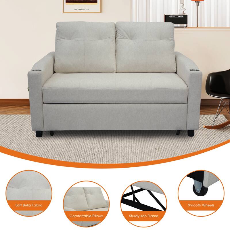 Lounge Sofa Loveseat Sofa Bed with USB Charging Port & Storage Pocket, Sleeper Couch with Reclining Backrest