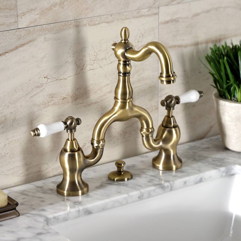 English Country Bridge Bathroom Faucet with Brass Pop-Up