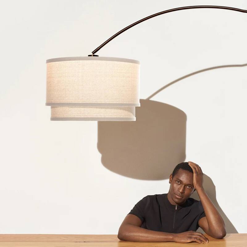 Brightech Mason 81 in. Oil Brushed Bronze Modern Adjustable and Extendable LED Floor Lamp with Beige Fabric Drum Shade