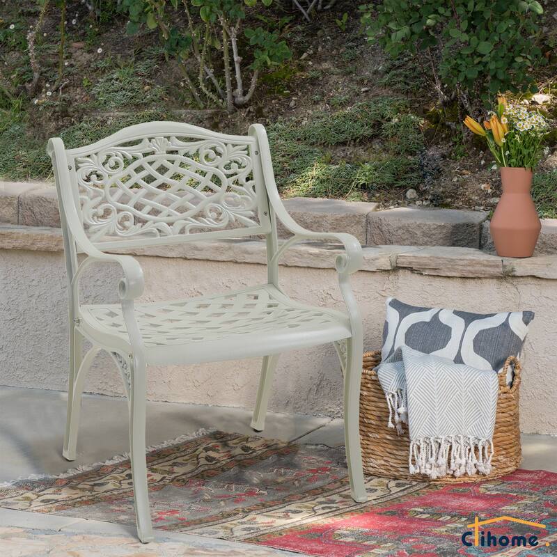 Clihome Outdoor Patio Cast Aluminum Arm Dining Chair (Set of 2)