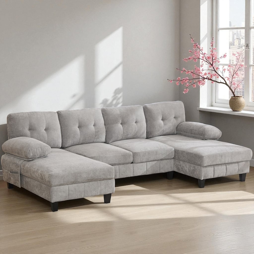 103.5" U-Shaped Sectional Sofa with Dual Chaise Lounges, Chenille Upholstery, Storage Pockets and Armrest Pillows