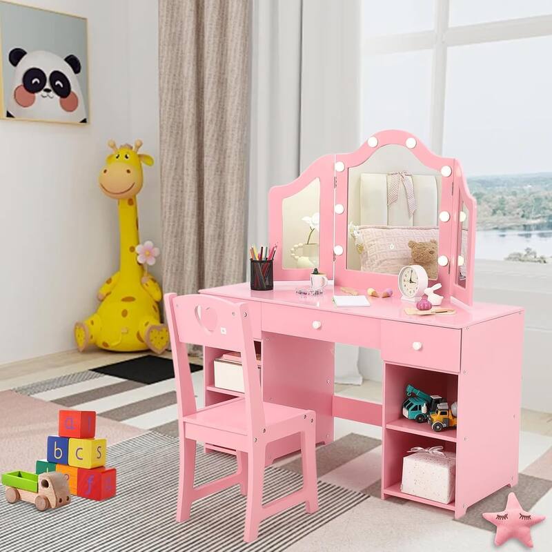 Kids Vanity Set, 2-in-1 Princess Makeup Table with Tri-Folding Mirror & Drawer