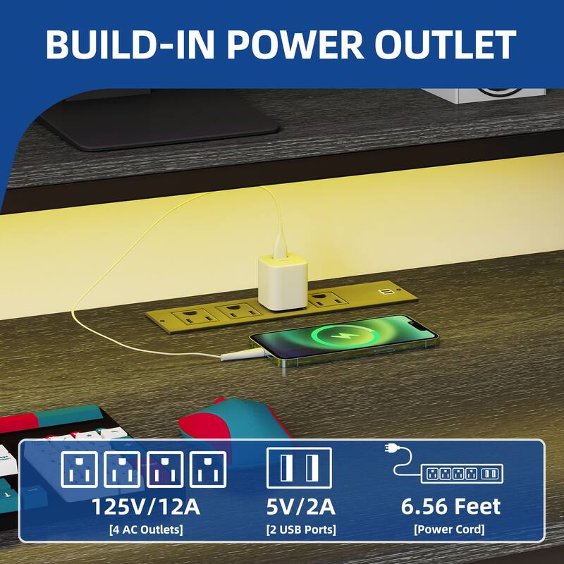 Moasis Farmhouse L Shaped Desk with Drawers, Power Outlets & LED Lights
