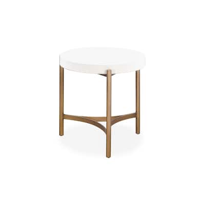 Leyu 23 Inch Round Side End Table, White Concrete Top, Bronze Tripod Base