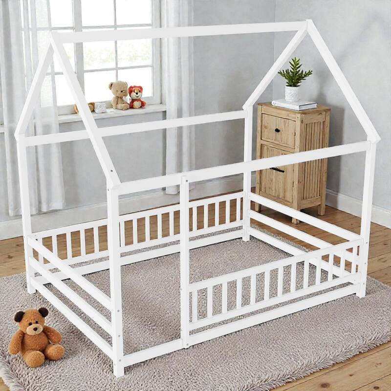 Wooden House Frame Floor Bed with Roof, Fence Guardrails, Pine Wood Kids Platform Bed for Bedroom