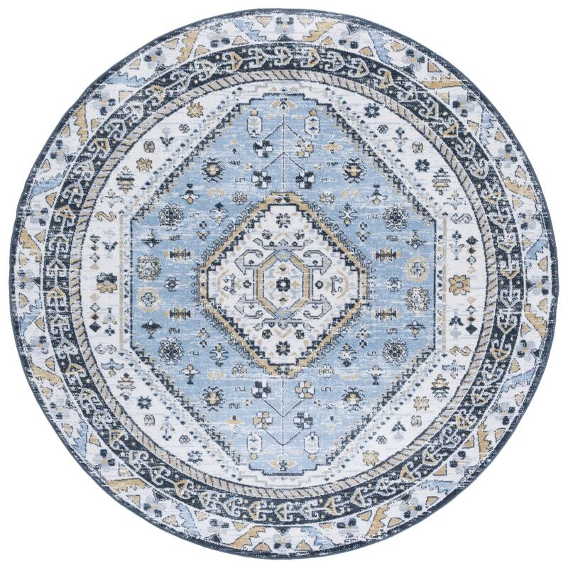 SAFAVIEH Bayside Machine Washable Surmeli Shabby Chic Rug - 6'7" Round - Blue/Navy