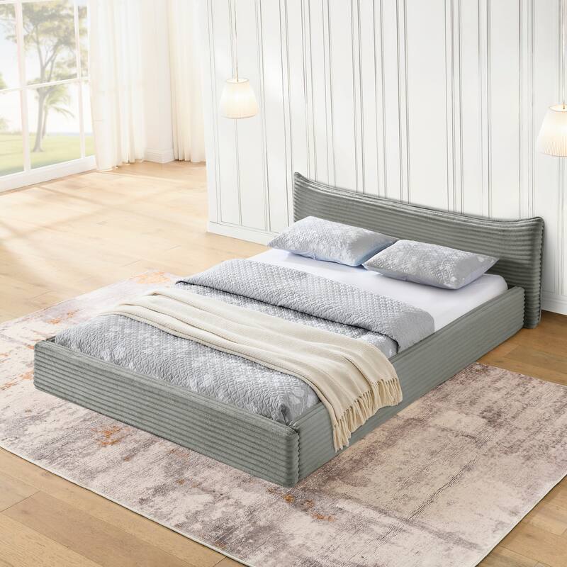 Queen Size Upholstered Bed Frame Velvet Fabric Grounded Platform with Curved Headboard Solid Wood No Box Spring