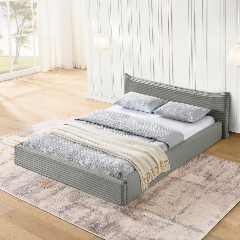 Queen Size Velvet Upholstered Bed Frame - Solid Wood Platform Base With Decorative Curved Headboard, No Box Spring Needed