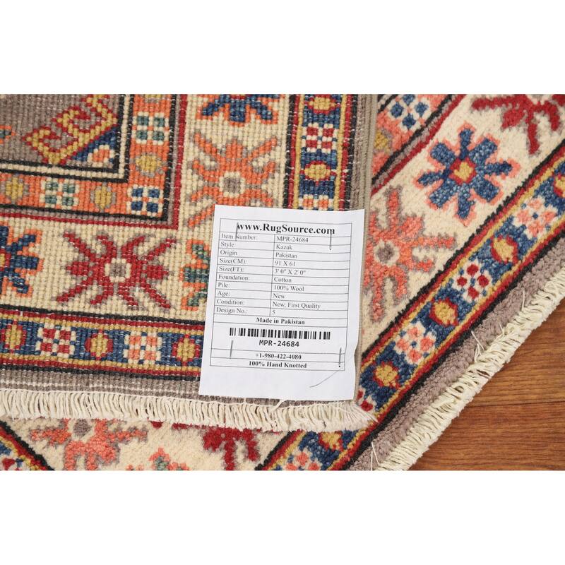 Geometric Kazak Oriental Rug Handmade Grey Wool Carpet - 2'0"x 3'0"