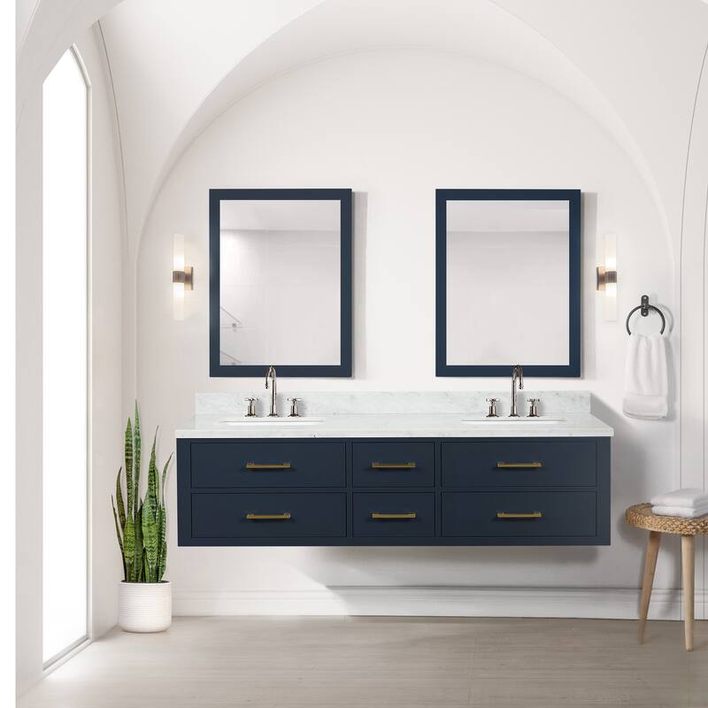 Lexora Castor Double Bath Vanity, Carrara Marble Top, Faucet Set, and Mirrors - 72 Inch - Blue
