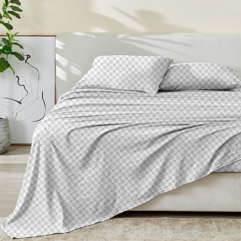 Patina Vie Maison Cotton Percale Vintage Floral Sheet Set - Queen - White / Grey Floral