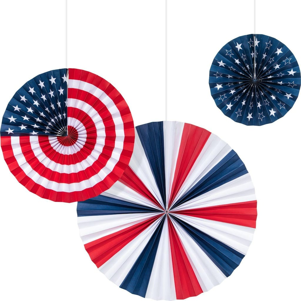 Patriotic Striped and Stars Party Paper Fans - 18" - Multicolored - Club Pack of 36