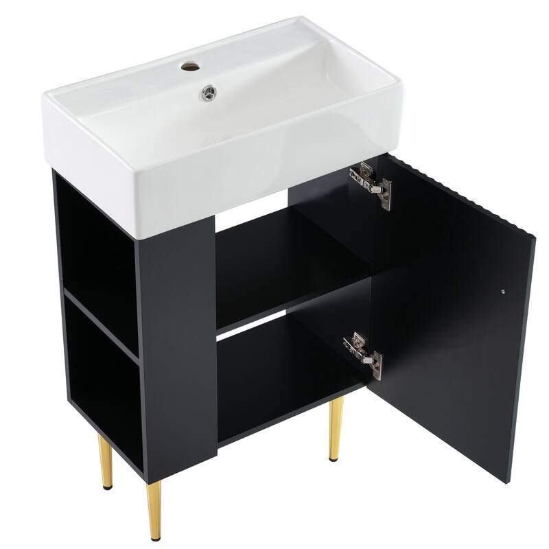 Small Bathroom Vanity with Sink, Bathroom Cabinet with Soft Closing Door, Bathroom Storage Cabinet with Open Storage Shelf