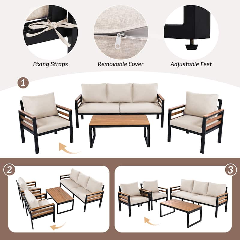 Roomfitters 4-Piece Outdoor Patio Furniture Set with 3-Seater Sofa, 2 Armchairs and Coffee Table, Wood Accents