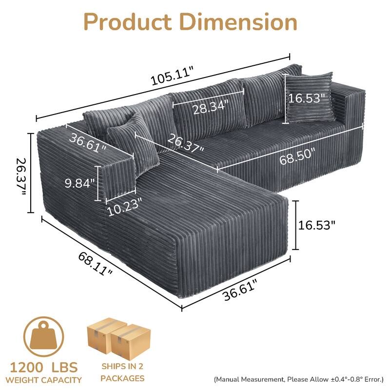 105 in. Wide Square Arm 2-Piece Modern Corduroy Fabric L-Shape Modular Sectional Sofa