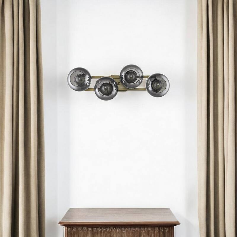 Modern Hardwired Brass and Grey Wall Sconce 4-Light Flush Mount with E26 Base and Smoke Glass Globes