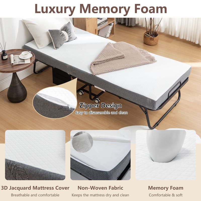 Portable Folding Guest Bed with Mattress, Rollaway Cot on Wheels, 31–45 Inch Sizes