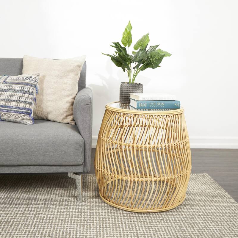 Rattan Handmade Wavy Woven Accent Table with Glass Top - Brown - Roche River Decor