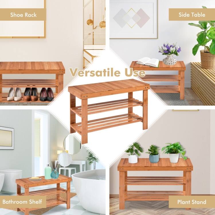 3 Tier Bamboo Bench Storage Shoe Shelf - 27.5" x 11" x 17.5" (L x W x H)