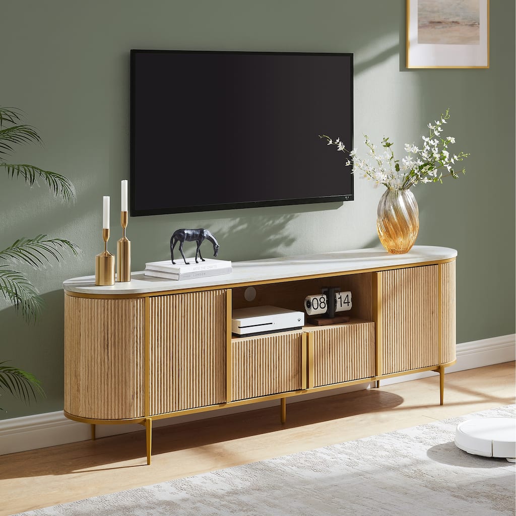 70" Fluted TV Stand, Modern Entertainment Center with Faux Marble Top