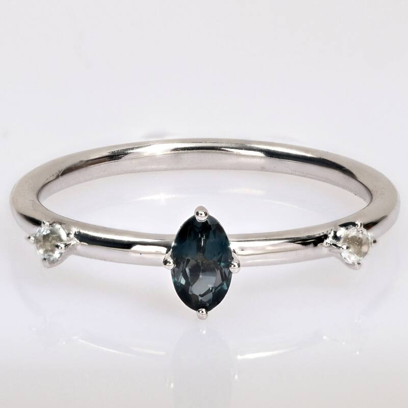 Miadora 10k White Gold London Blue Topaz and White Topaz 3-Stone Stackable Oval Ring
