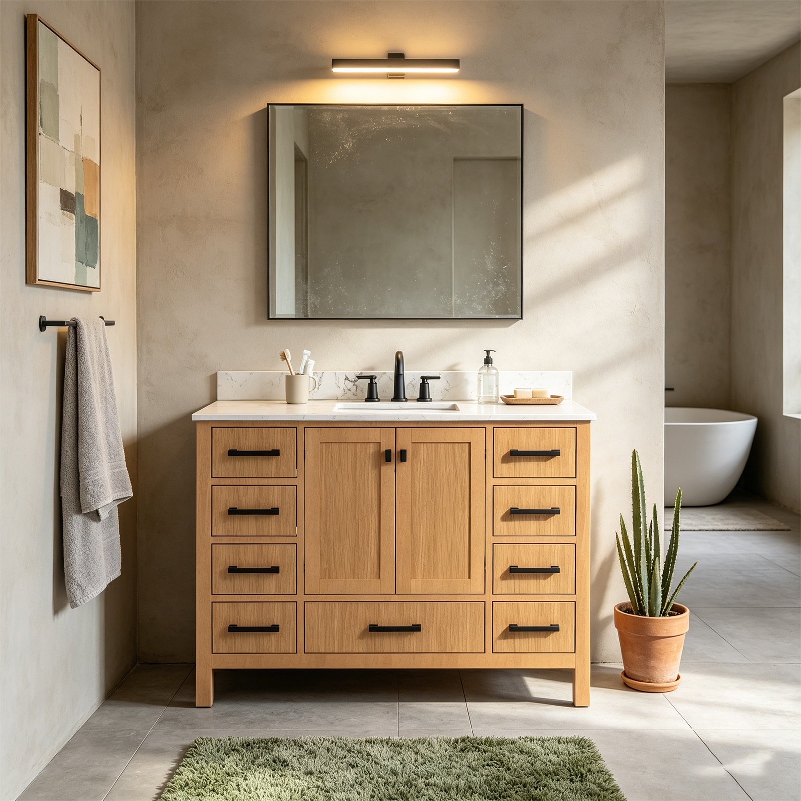 Lignora 48 inch Modern Natural Light Oak Bathroom Vanity with Top