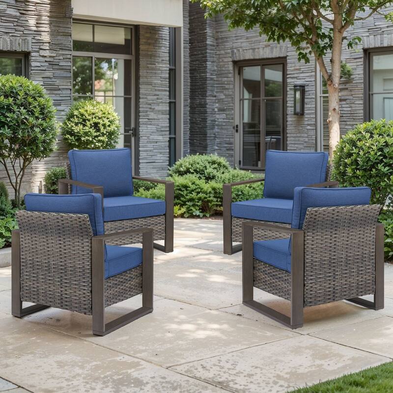 Pocassy 4 Pieces Outoor Patio Chairs Club Chair Set - Blue cushion - Gray Wicker