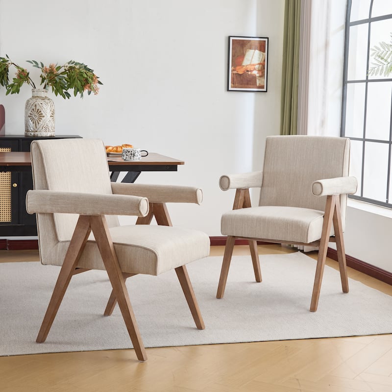 Christopher Knight Home Poppy Fabric Arm Dining Chair (Set of 2) - Beige+Weatered natural finish