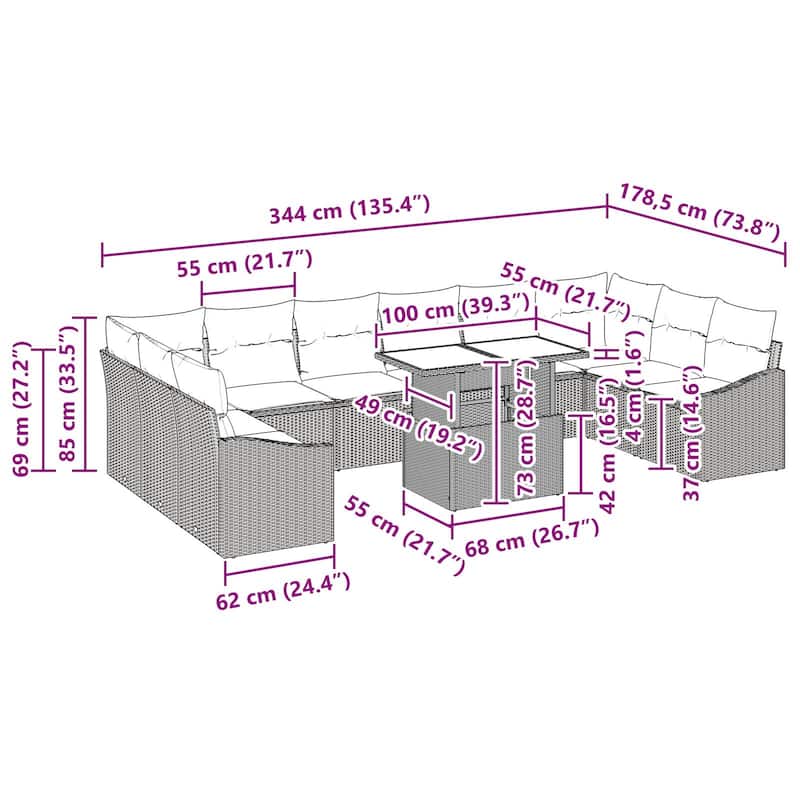vidaXL 11 Piece Garden Sofa Set with Cushions - 135.4×73.8×27.2