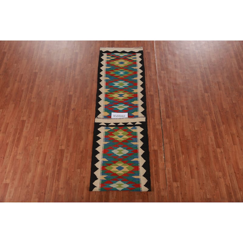 Hand Woven Oriental 100% Wool Carpet Southwestern Geometric Multi-Colored Kilim Runner Rug - 12' 8'' X 2' 8''