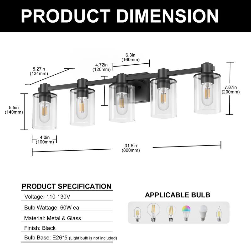 YANSUN 31.5 in. 5-Light Black Metal Vanity Light with Round Clear Glass Shades for a Sophisticated Look - 31.5*5.27*7.87