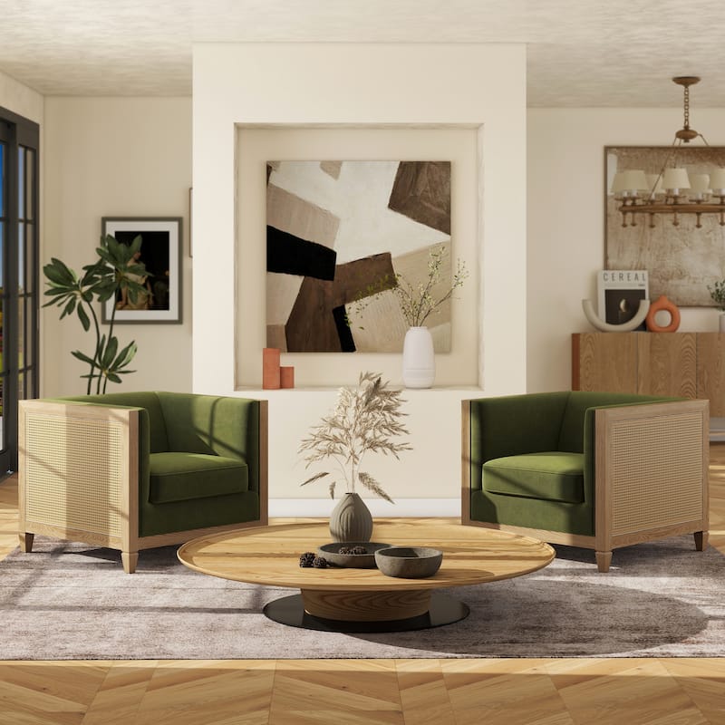 Georgia 34" Oak and Rattan Tuxedo Velvet Armchair