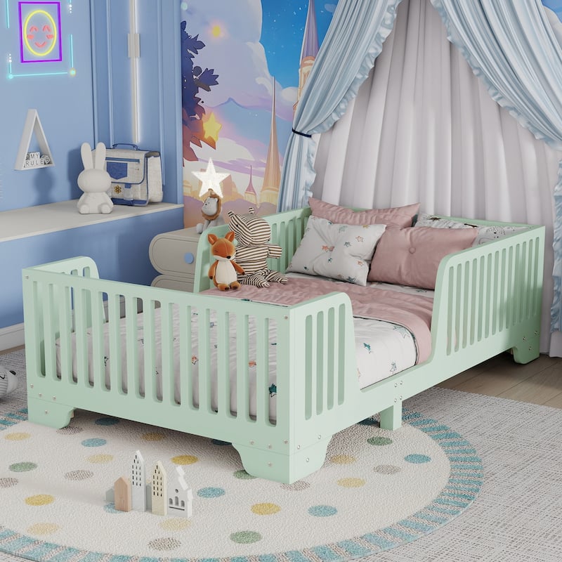 Twin Floor Bed with Slats and Fence, Twin Size Montessori Floor Beds with Door, No Box Spring Needed