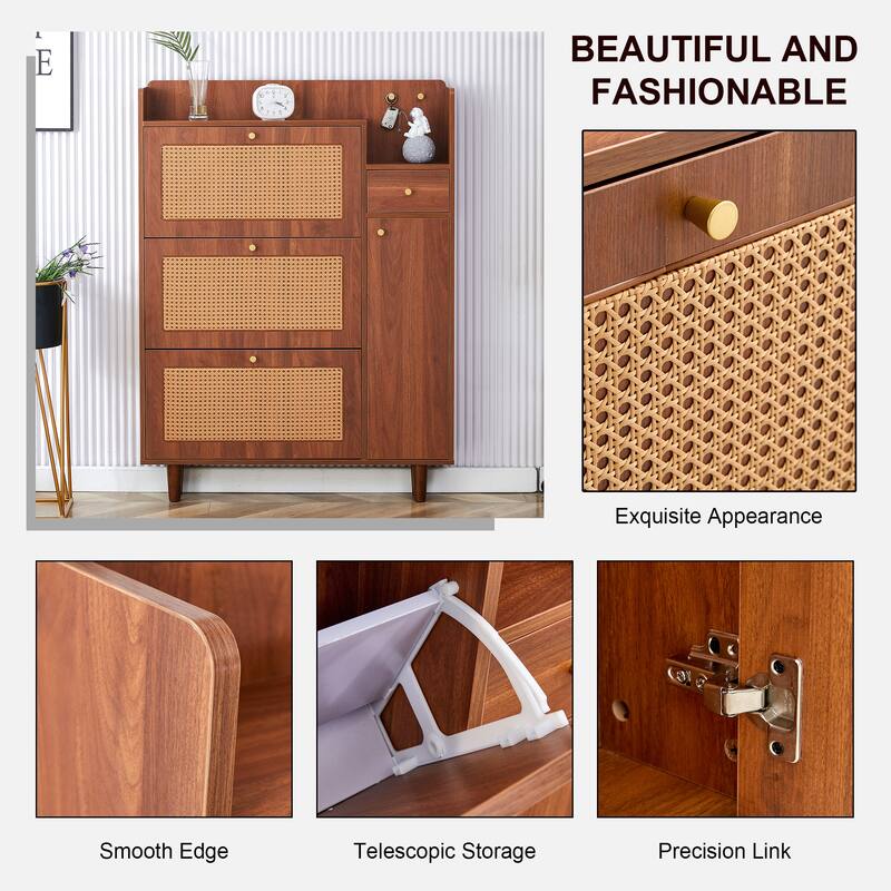 Shoe Cabinet with Rattan Doors, Entryway Slim Rattan Shoe Storage Cabinet with Flip Down Drawers & Shelves