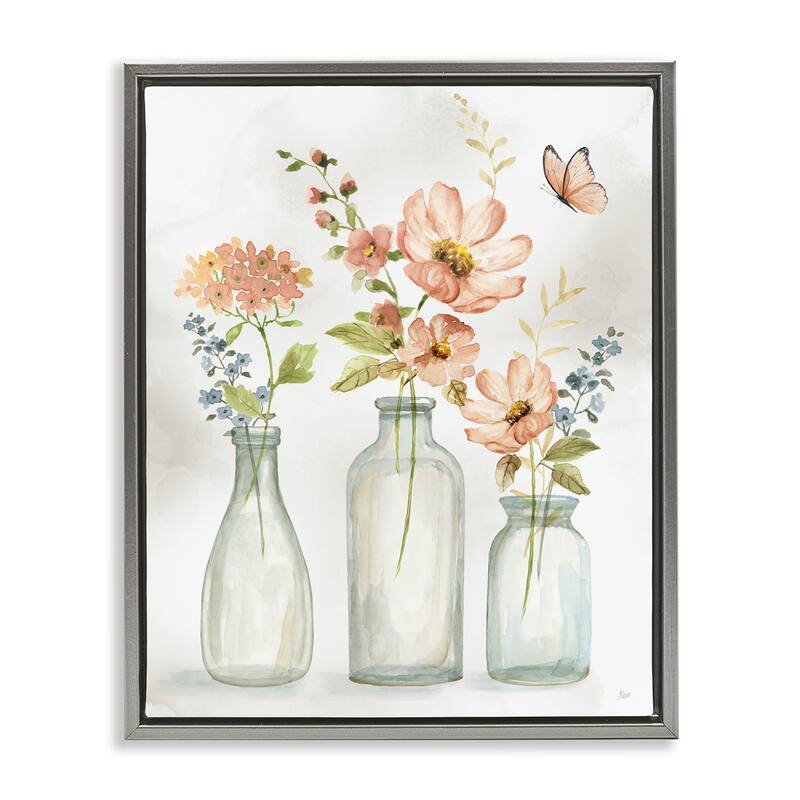 Stupell Butterfly & Pink Florals Framed Floater Canvas Wall Art Design by Nan