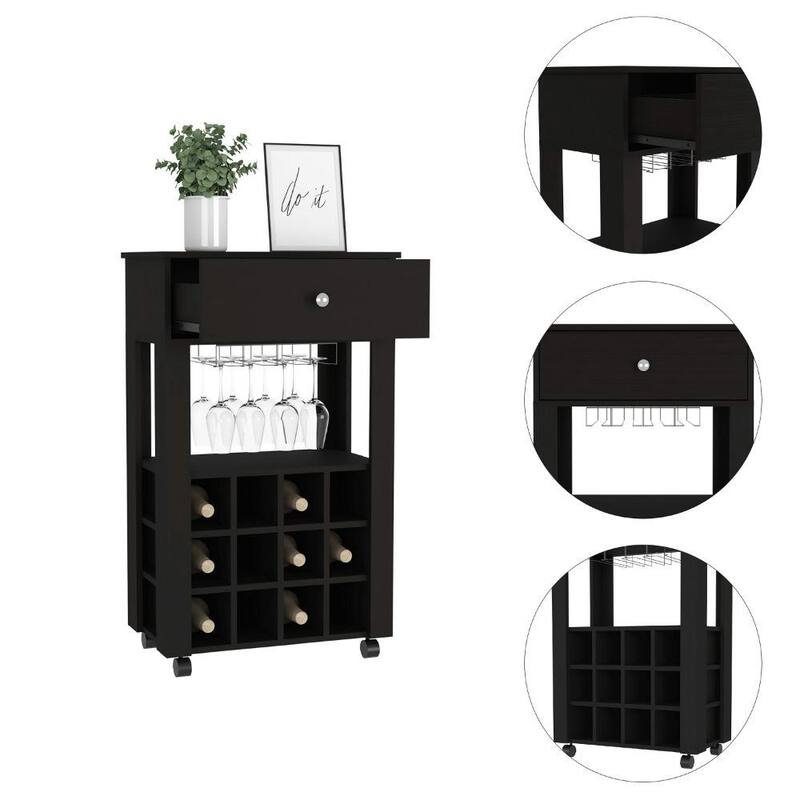 Anmytek Mobile Wine Bar Cart Rolling Wine Cabinet Matte Black Modern Bar Cart for Living Room Dining Room