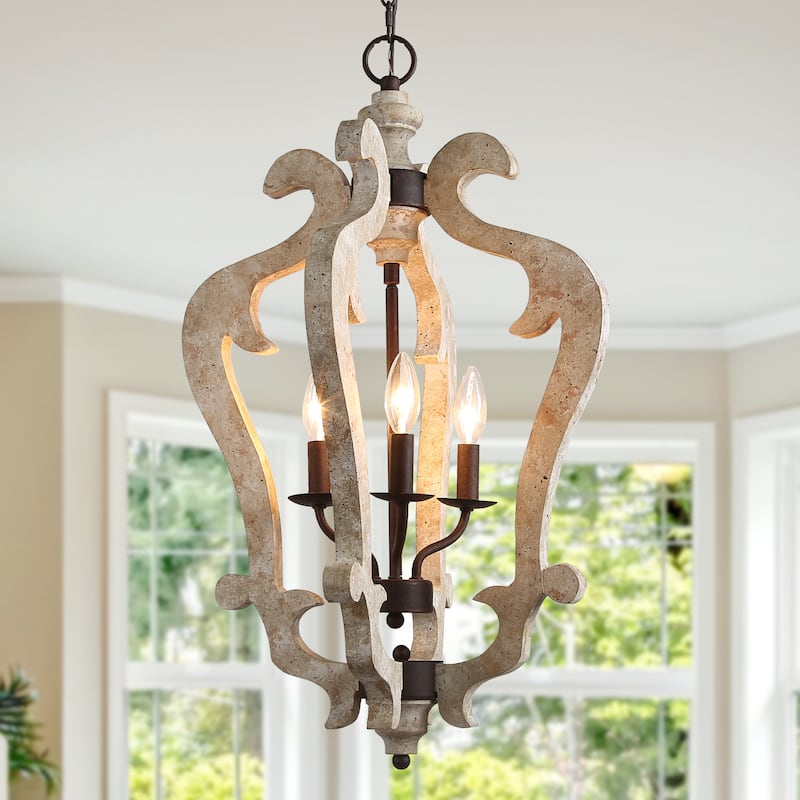 The Gray Barn Farmhouse 3/4-Light Wood Chandelier Lantern Foyer Island Lights - W16.5" x H29" 3-Light - Peacock