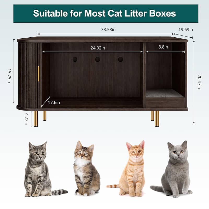 38.5" Cat Litter Box Enclosure with Scratch Pad and Sliding Door,Cat Hidden Litter Box Cabinet,Modern Indoor Cat House,TV Stand