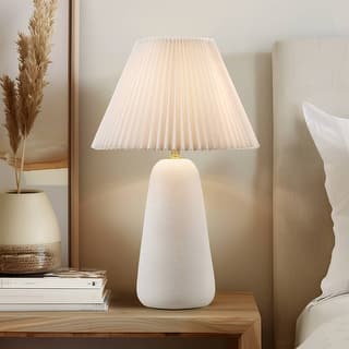 Textured Ceramic Table Lamp with Fluted Fabric Shade - Matte White Base,Pleated White Shade,Plug-in, Non-Dimmable